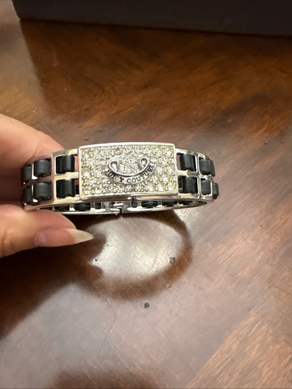 Juicy Couture Silver Tone Pavé Plaque Bracelet with Black Accents (#698)